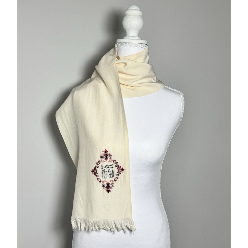 Vintage Embroidered Silk Scarf Fringe Boho Cottagecore Folk Art Cream Minimalist